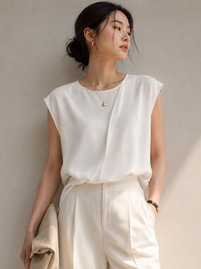 IPEKYOL Minimalist Overlay Blouse White Silky Luxe Top Size 8